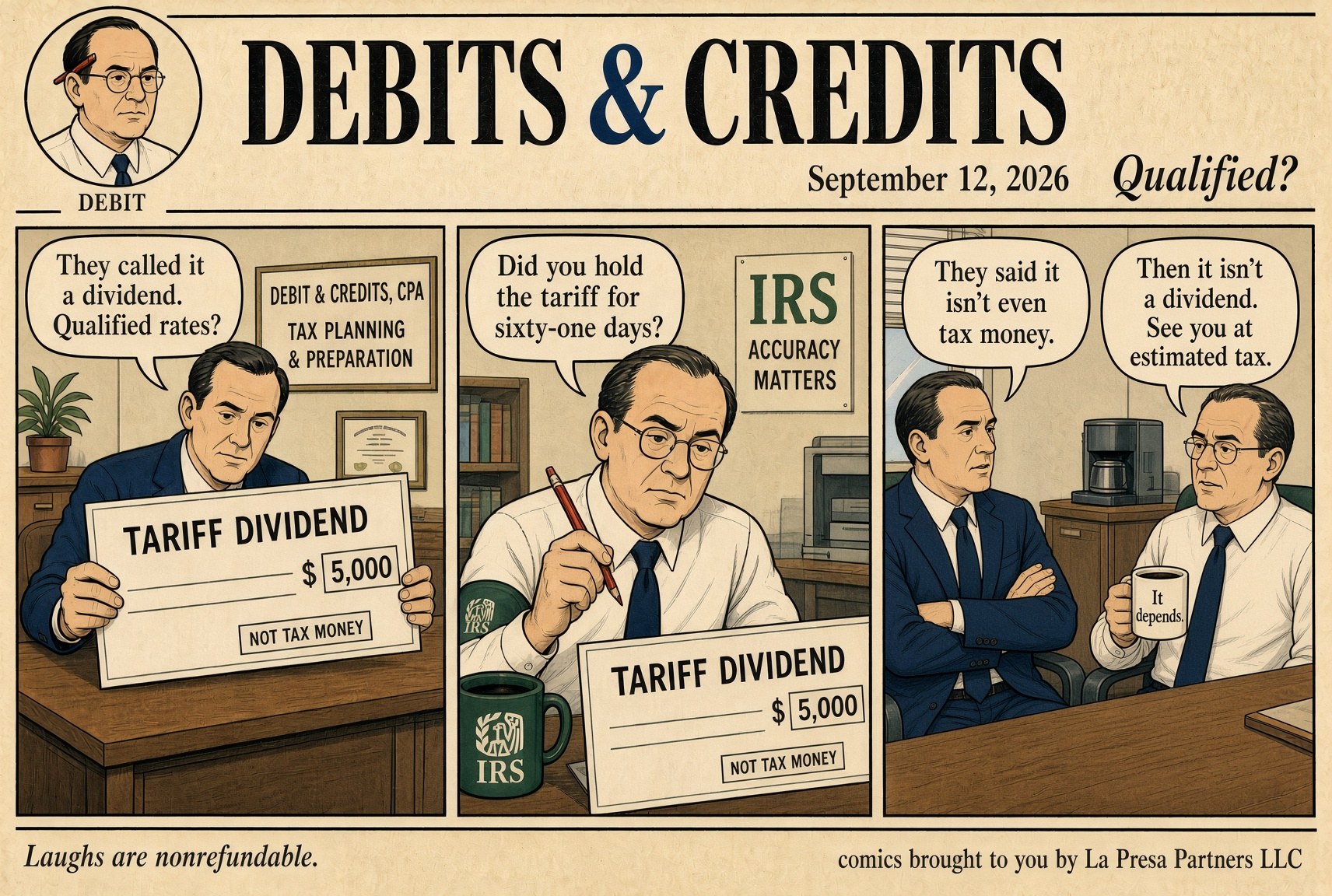 Debits & Credits comic strip: Qualified?. Transcript below.